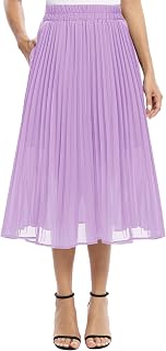 EXCHIC Women's Casual Chiffon Elastic Waist Pleated Midi Skirt with Pocket