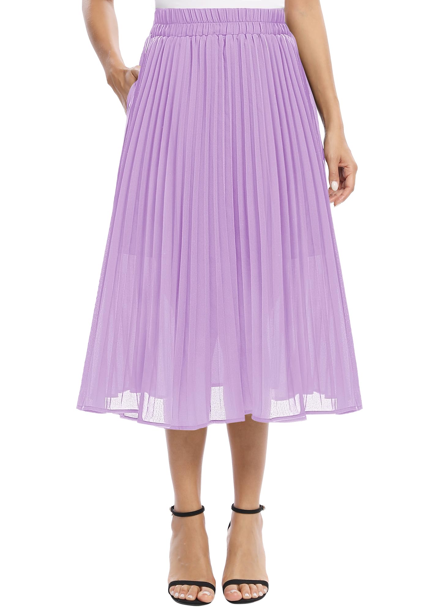 EXCHIC Women's Casual Chiffon Elastic Waist Pleated Midi Skirt with Pocket