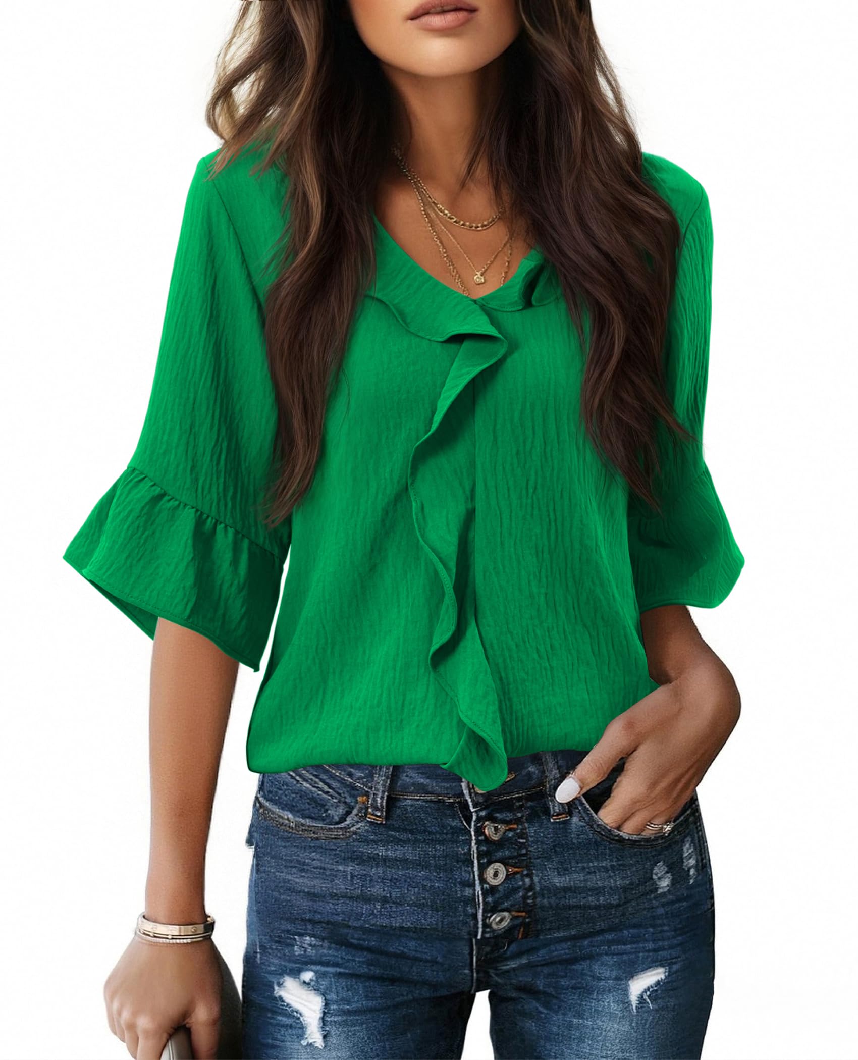 siliteelon Womens Blouses Dressy Casual 3/4 Sleeve Ruffle Bell Top Ladies Busine