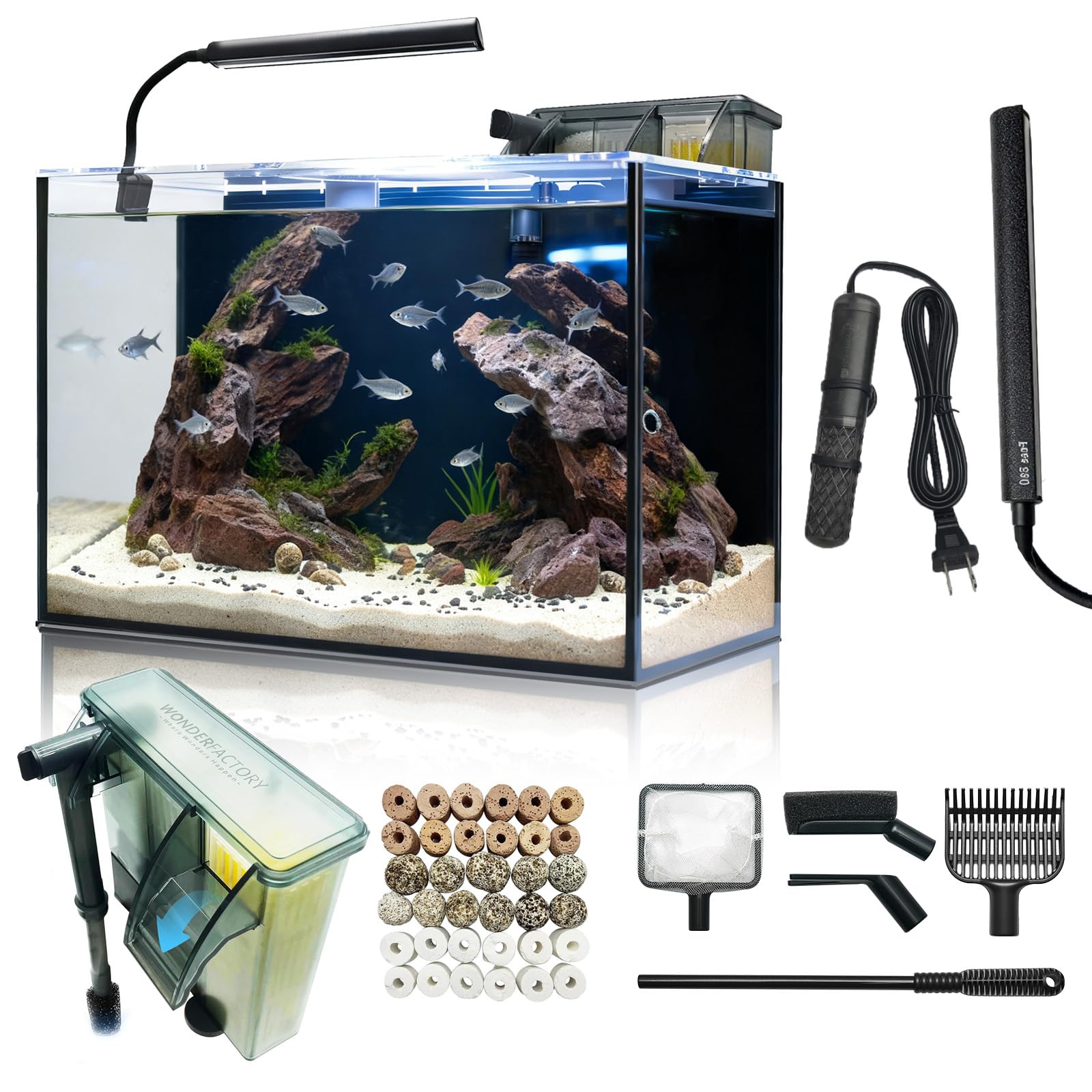 10 Gallon Aquarium Set Glass Fish Tank, Heater Self Cleaning System Filter with 