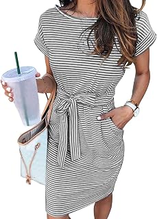 MEROKEETY Women's Summer Striped Ruffle Sleeve Tie Waist Pocket Casual Swing Midi Dress