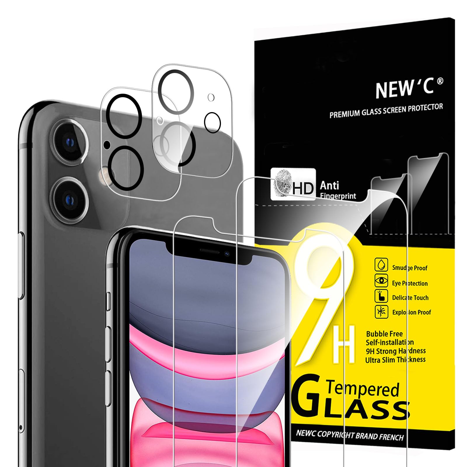 NEW'C for iPhone 11 Screen Protector + Camera Lens Protector Tempered Glass