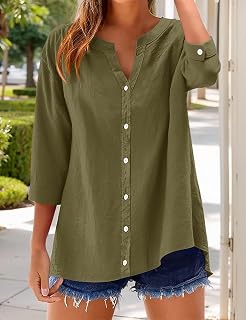 Womens Casual V Neck 3/4 Sleeve Button Front Loose Tunic Blouse