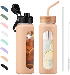BLUEGO 700ml Glass Water Bottle with Straw and 2 Lids Glass Coffee Cup with Time Marker and Silicone Protector Glass Tumbler for Beverages Soda Cola BPA Free, Amber