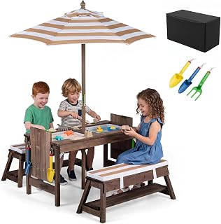Costzon 4-in-1 Kids Picnic Table with Umbrella, Sand & Water Sensory Bins | Wooden Toddler Outdoor Table with Benches, Cushions, Cover, Gardening Tools, Kids Outdoor Furniture for Patio Backyard