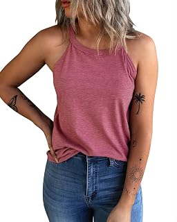 KINLONSAIR Women's Summer Sleeveless Halterneck Tee Shirts Crew Neck Workout Tank Tops Casual Plain Cami Shirts