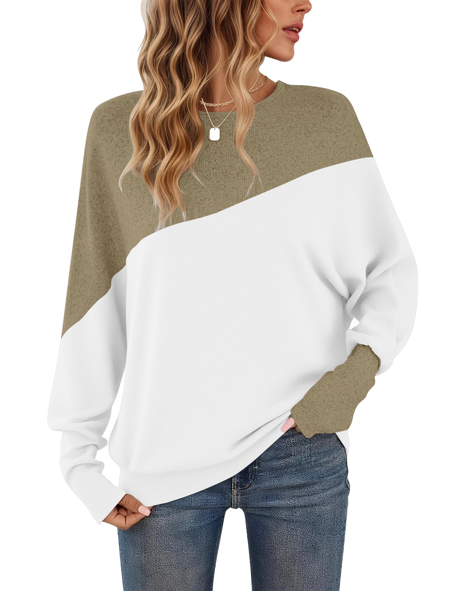WNEEDU Women's Color Block Long Sleeve T-Shirt