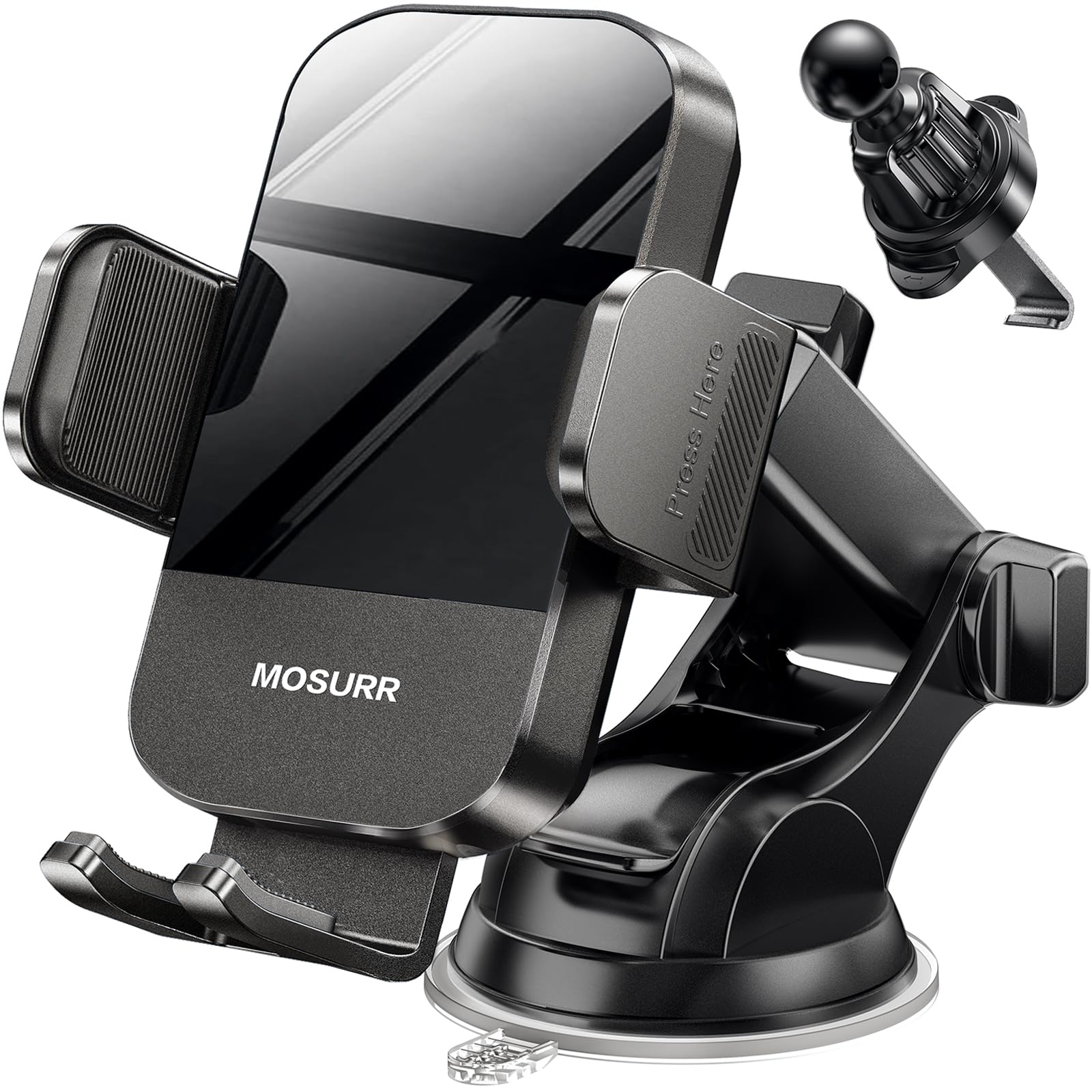 Mosurr Phone Holder Car Mount: Dual Installation (Suction & Vent Clip), 360° Rot