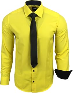 Subliminal Mode Men's Shirt Long Sleeve Plain Two-Tone Collar + Black Tie Slim Fit Business Shirt Easy Iron RN77