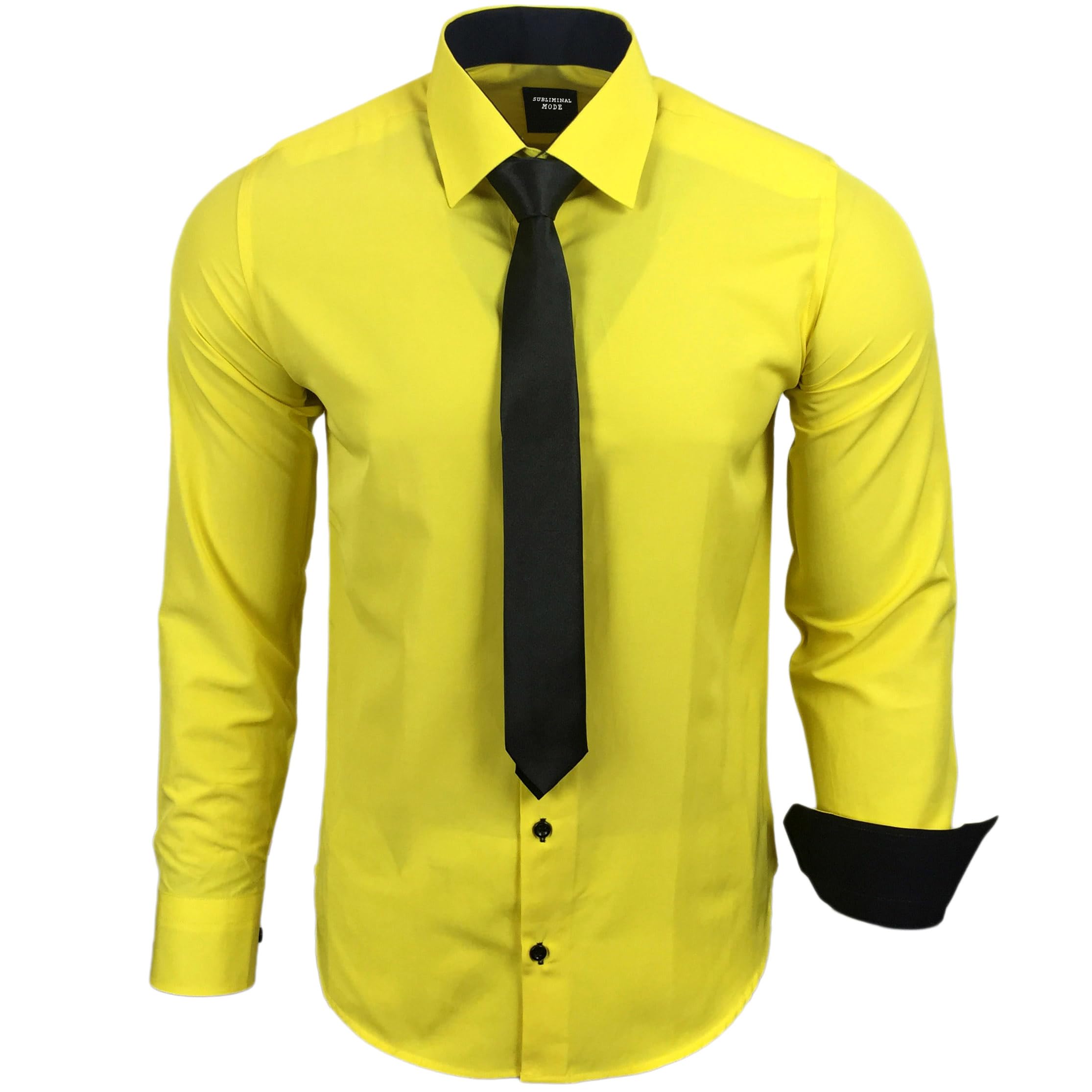 Subliminal Mode Men's Shirt Long Sleeve Plain Two-Tone Collar + Black Tie Slim F