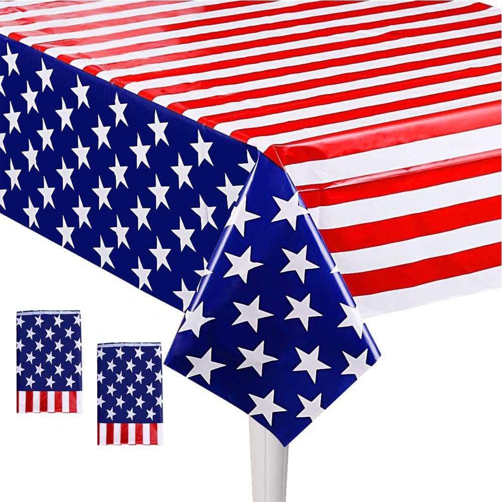 4th of July Tablecloth, 2 Pack USA Plastic Table Cover for Independence Day, Dis