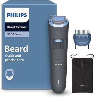 Philips Beard Trimmer 3000 Series - Self-Sharpening Blades with Round Tips, 20 Lock-in Settings, Lift&Trim Comb, 100% Waterproof, Battery Indicator, USB Charging, Soft Pouch, Model BT3619/15
