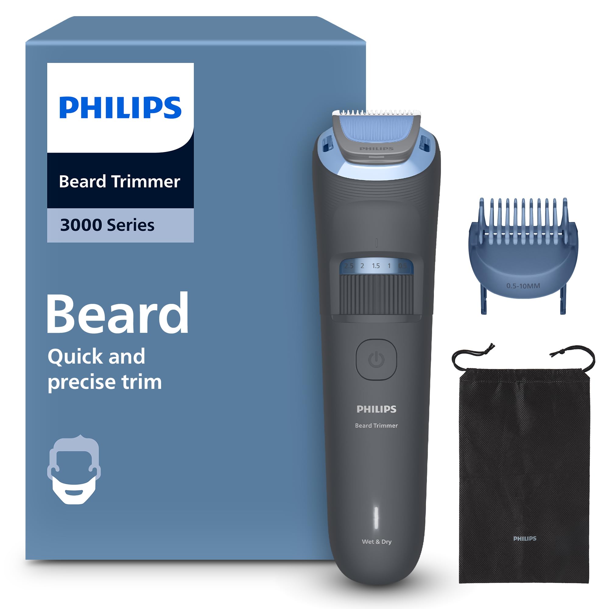 Philips Beard Trimmer 3000 Series - Self-Sharpening Blades with Round Tips, 20 L