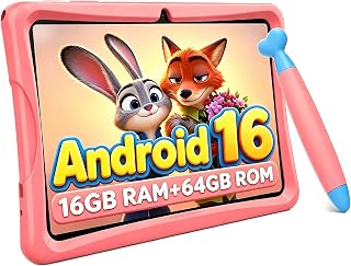 2026 Upgraded Kids Tablet 10 inch, Android 16 Tablets for Kids, Parental Control, Pre-Installed Kiddos Software & Kids Space, Includes Case & Stylus Pen, 16GB RAM 64GB ROM, 2TB Expand, HD IPS Screen