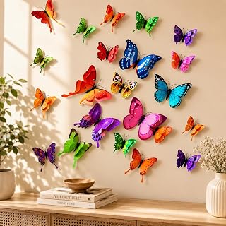 24Pcs Butterfly Wall Stickers Removable 3D Butterfly Wall Stickers for Home Bedroom Decor (Rainbow)
