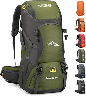 jianyana Hiking Backpack Waterproof 50L Foldable Rucksack Durable Lightweight Camping Bag with Rain Cover for Camping Trekking Hiking Walking Cycling Climbing Outdoor Sports for Women Men