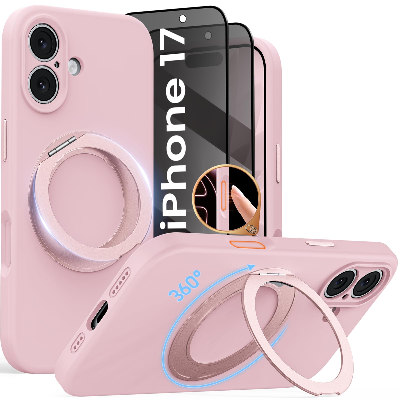 for iPhone 17 Case with 360° Spin Magnetic Stand, Pink