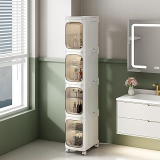 NETEL Stacking Boxes, Plastic Box with Lid, Storage Cabinet, Narrow Bathroom Cabinet, Bathroom Furniture, Toilet Cabinet, Corner Cabinet, Tall Cabinet, Bathroom, Pack of 4