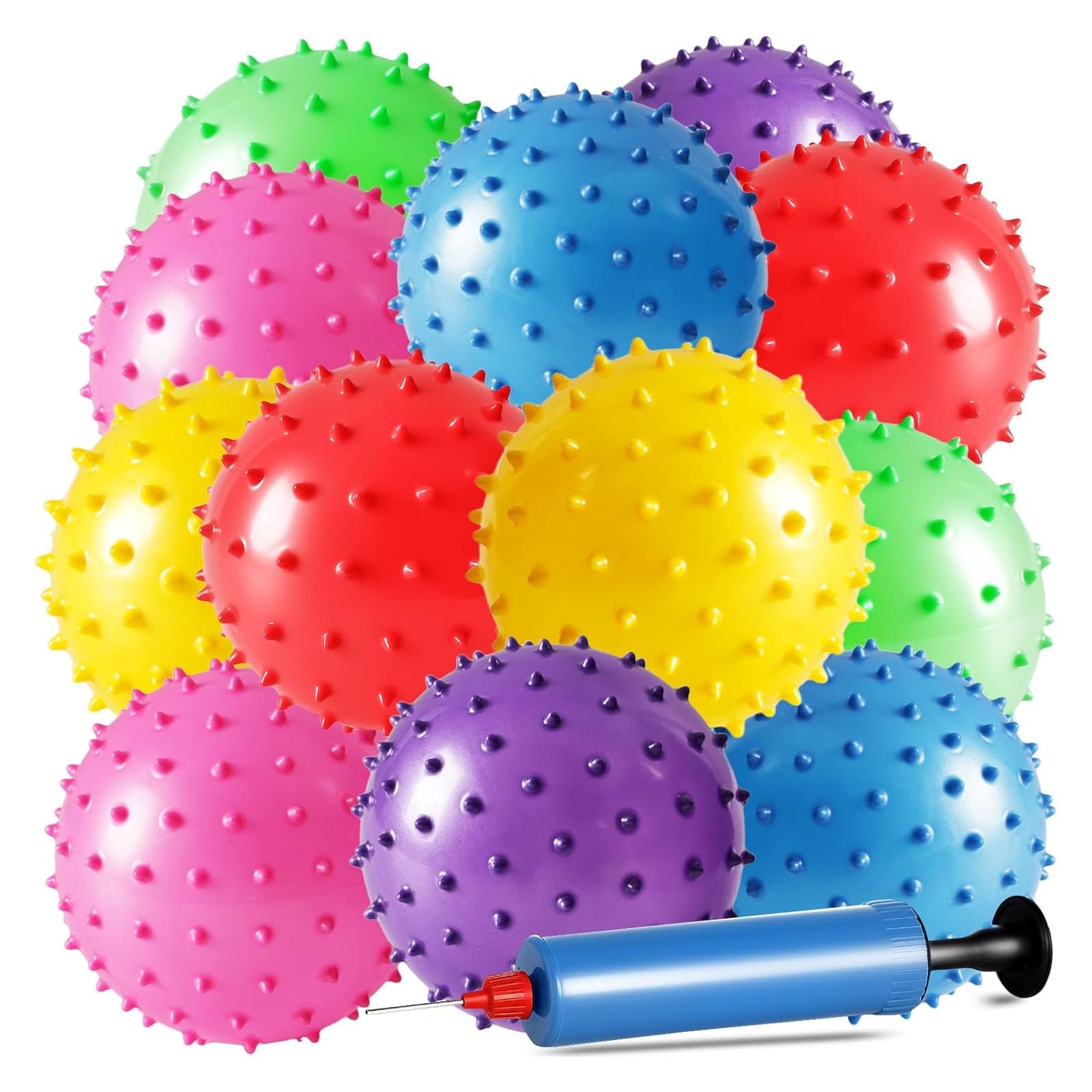 LOVEINUSA 12 Pack Bouncy Balls with Pump, 5 Inch Knobby Massage Ball | Spiky Sen