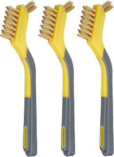 Amazon Basics Brass Mini Wire Brushes for Cleaning, Rust Removal, Paint Removal, Soft Grip Ergonomic Handle, 1/2 inch, Yellow/Grey, 3-Pack
