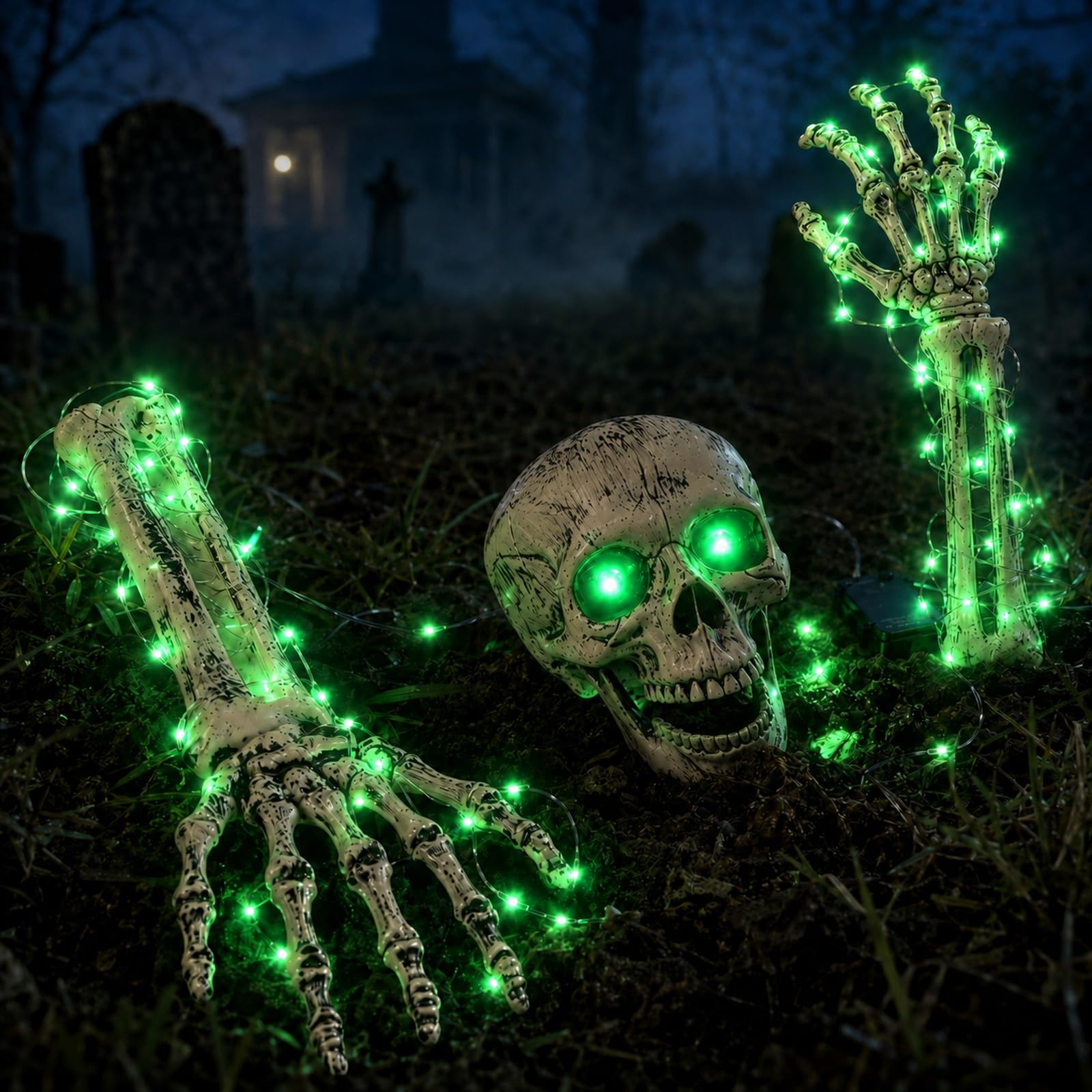 Halloween Skeleton Decorations Outdoor, Light Up Skull Head & Skeleton Hands Lig