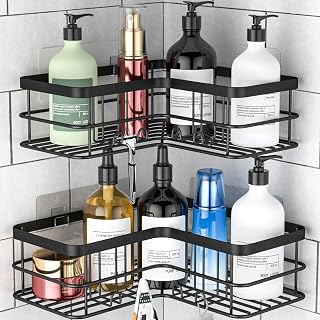 Corner Shower Caddy 2 Pack - Bathroom Shelves No Drilling, Rustproof Stainless Steel Shower Storage Rack, Large Capacity Adhesive Shower Caddies for Bathroom, Bathroom Accessories, Black
