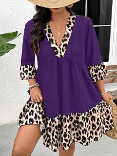 Plus Size Women's Leopard Print V Neck Ruffle Hem Dress, 3/4 Sleeve Casual Flowy Swing Tunic Dresses for Summer