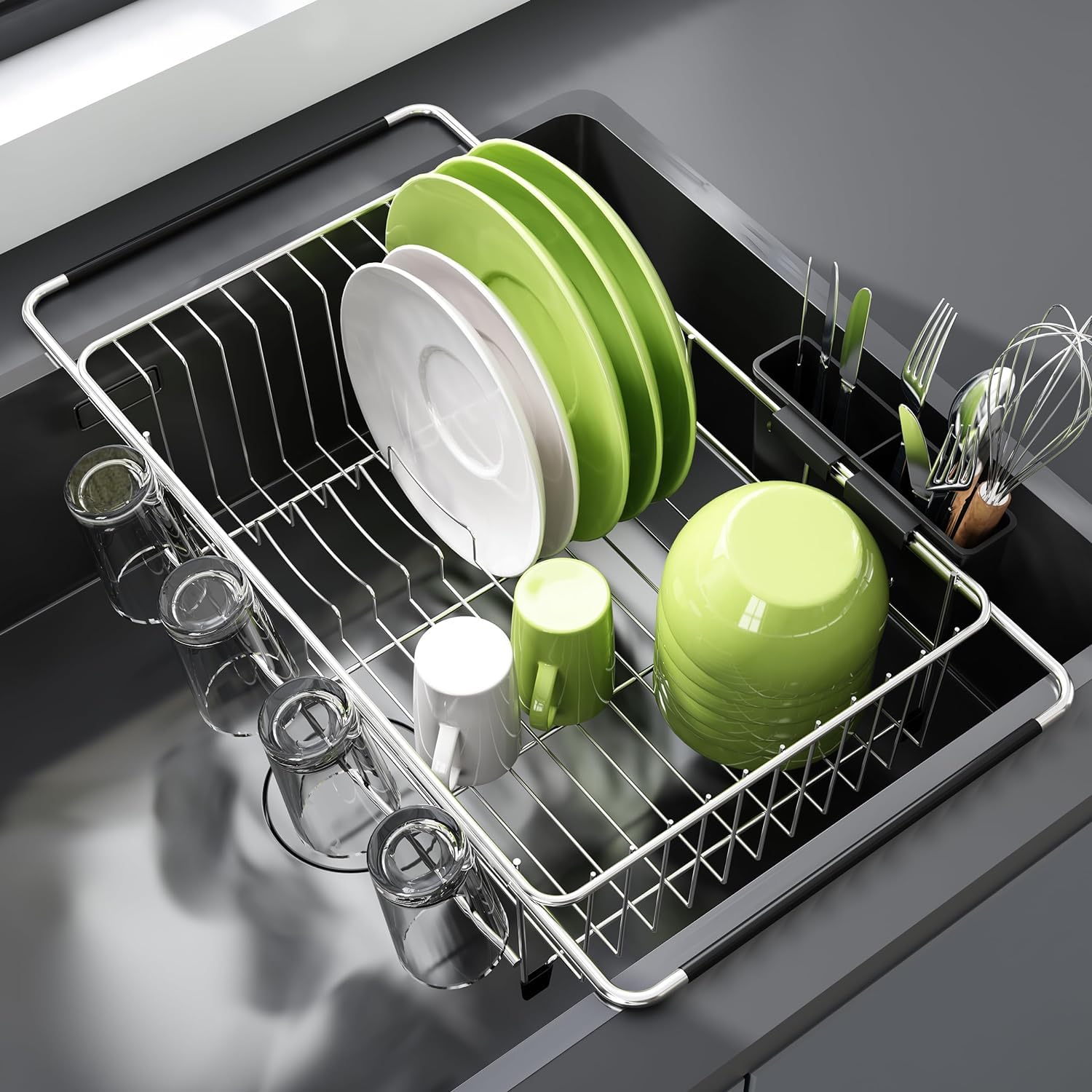 JASIWAY Dish Drying Rack in Sink, Dish Drainer with Cup and Utensil Holder | Ove