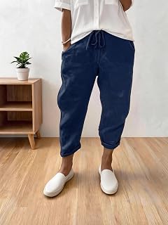 Women's Navy Elastic Waist Cotton Blend Cropped Trousers Loose Fit Casual Commuter Pants