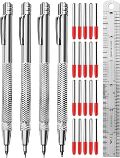 Tungsten Carbide Scriber, Knurled Aluminum Handle, 4-Pack with Bonus Marking Tips and Steel Ruler, Ideal for Detailed Crafting and Carving