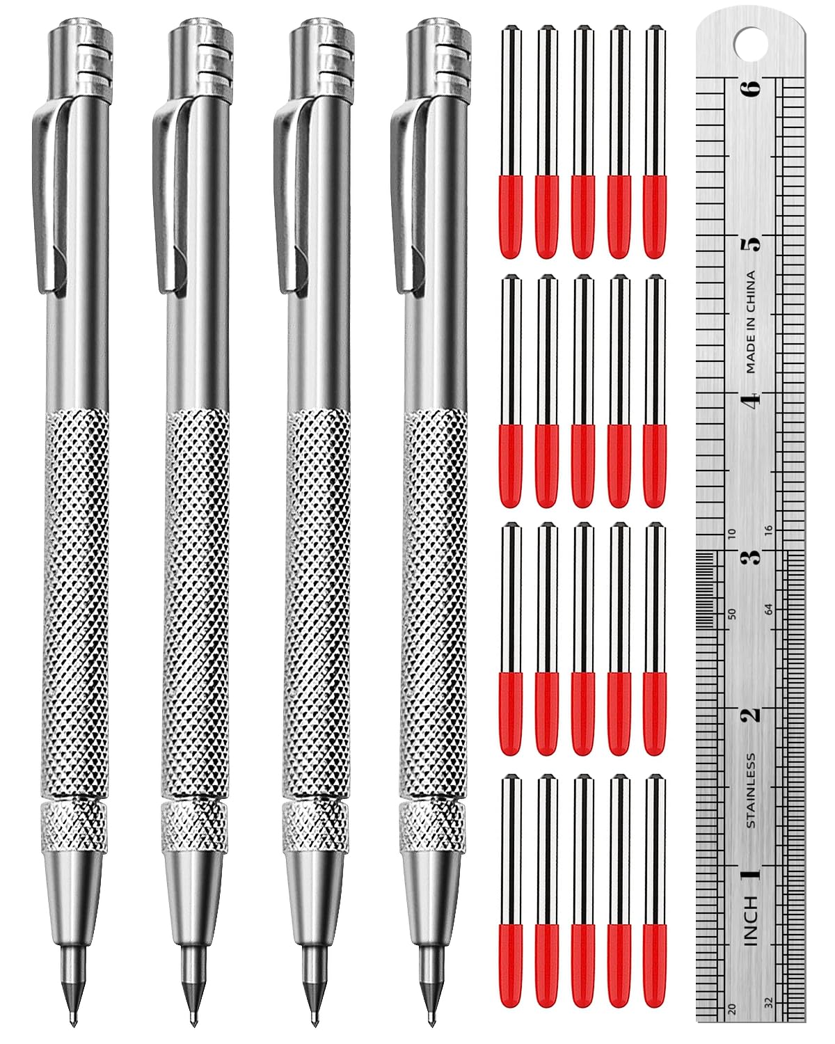 Tungsten Carbide Scriber, Knurled Aluminum Handle, 4-Pack with Bonus Marking Tip