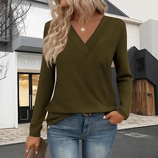 Women Long Sleeve Tops V Neck Elegant Casual Basic T Shirts for Women Autumn 2025 Fashion Trend Essential