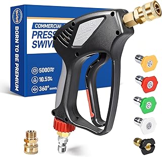 TOOLCY Pro Short Pressure Washer Gun 5000 PSI with 360° Swivel 3/8" Inlet | Includes 3/8" QC to M22-14mm Adapter & 5 Nozzle Tips, with 1/4" Quick Connect Outlet For Car Sidewalk Pool Wash