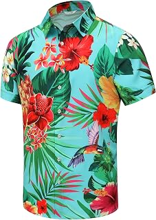 SheLucki Hawaiian Shirt for Men, Unisex Summer Beach Casual Short Sleeve Button Down Shirts, Printed Palmshadow Clothing