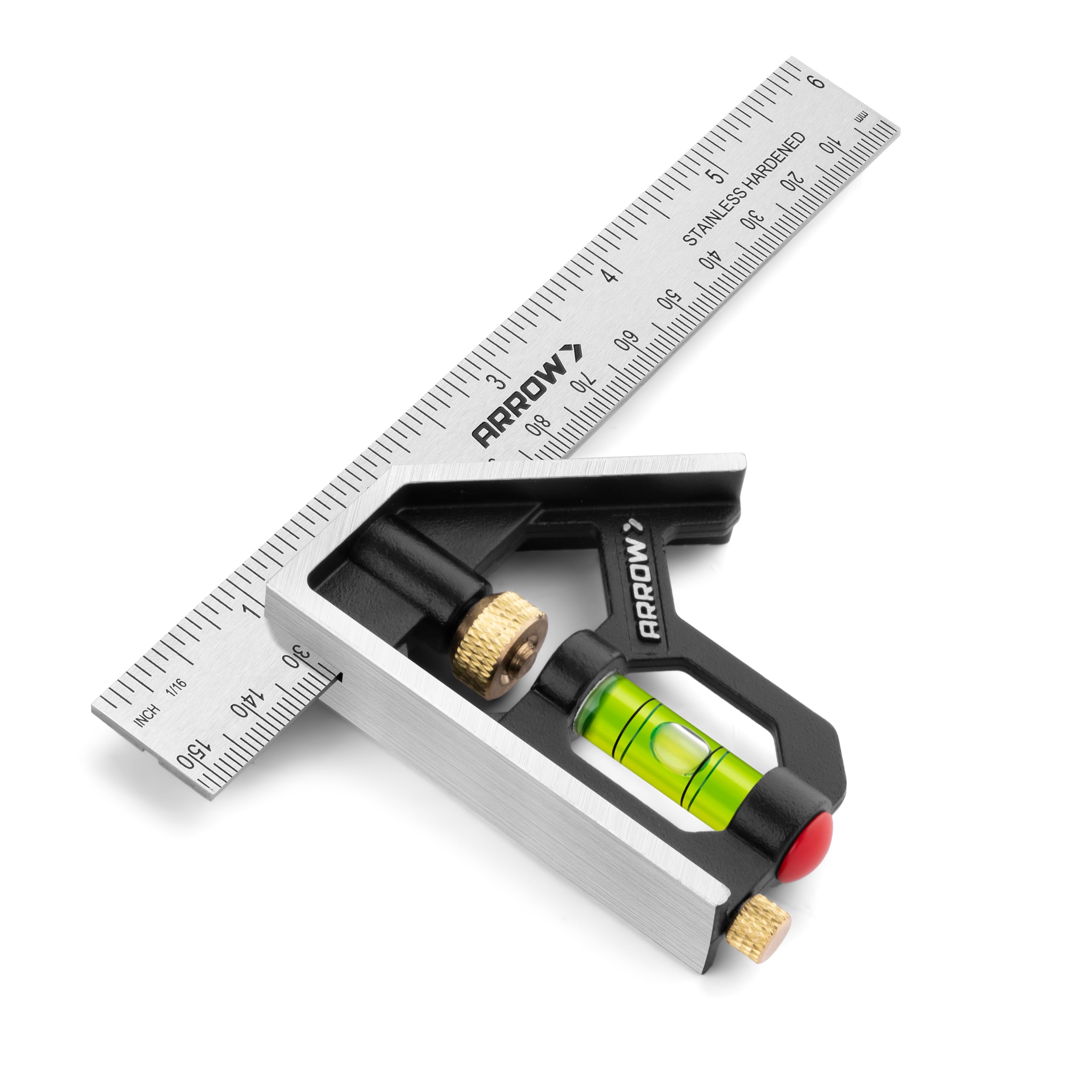 Arrow Combination Square, 6-Inch Combo Square with Bubble Level | Stainless Stee