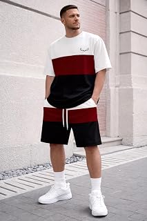 Men's casual outfit set with short sleeve t-shirt and matching drawstring shorts