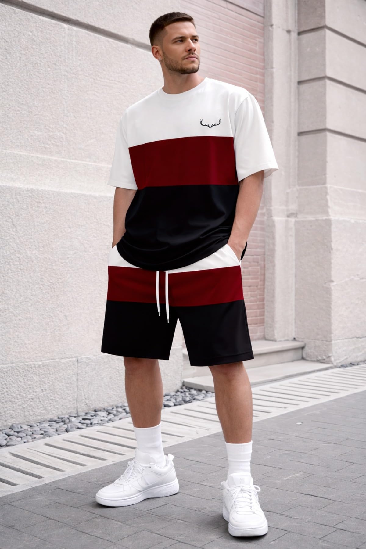 Men's casual outfit set with short sleeve t-shirt and matching drawstring shorts