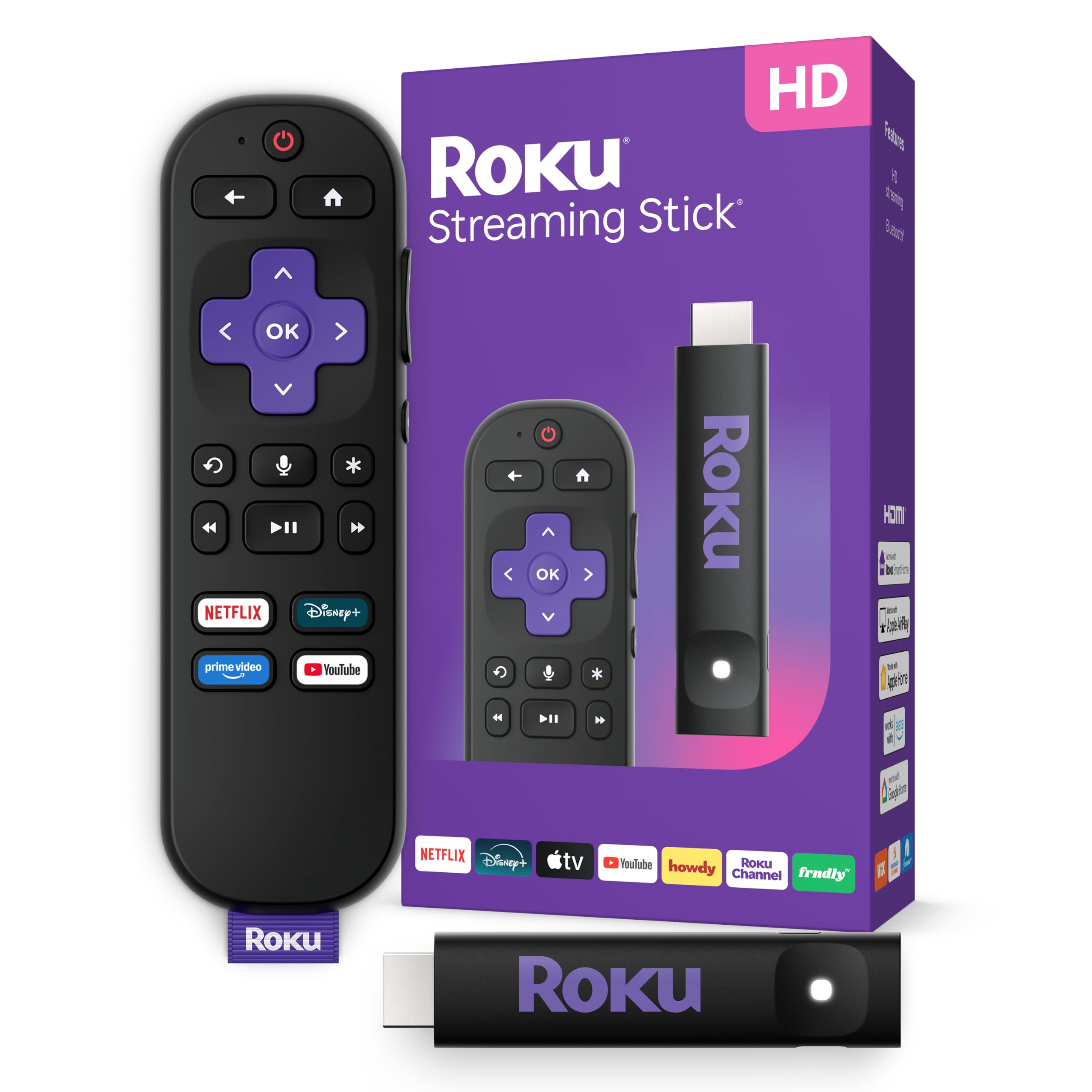 Roku Streaming Stick HD with Voice Remote | Compact 4K Streaming Device for TV w