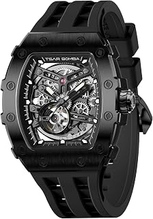 TSAR BOMBA Men's Watch Automatic 50M Waterproof Mechanical Wristwatch Skeleton Tonneau Design Luxury Square Stylish Sports Work Analogue Watches for Men Gift for Men Silicone Strap