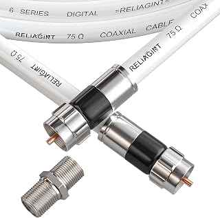 RELIAGINT 3ft RG6 Coaxial Cable, 75 Ohm High-Speed Coax Cable, White | Includes F Connectors & F81 Female-to-Female Coupler for cable extension; low-loss signal for TV antennas, satellite dishes