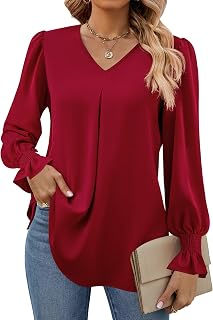 Funlingo Women's 2025 Long Sleeve Tops Dressy Casual V Neck Tunic Shirts Loose Chiffon Work Blouse
