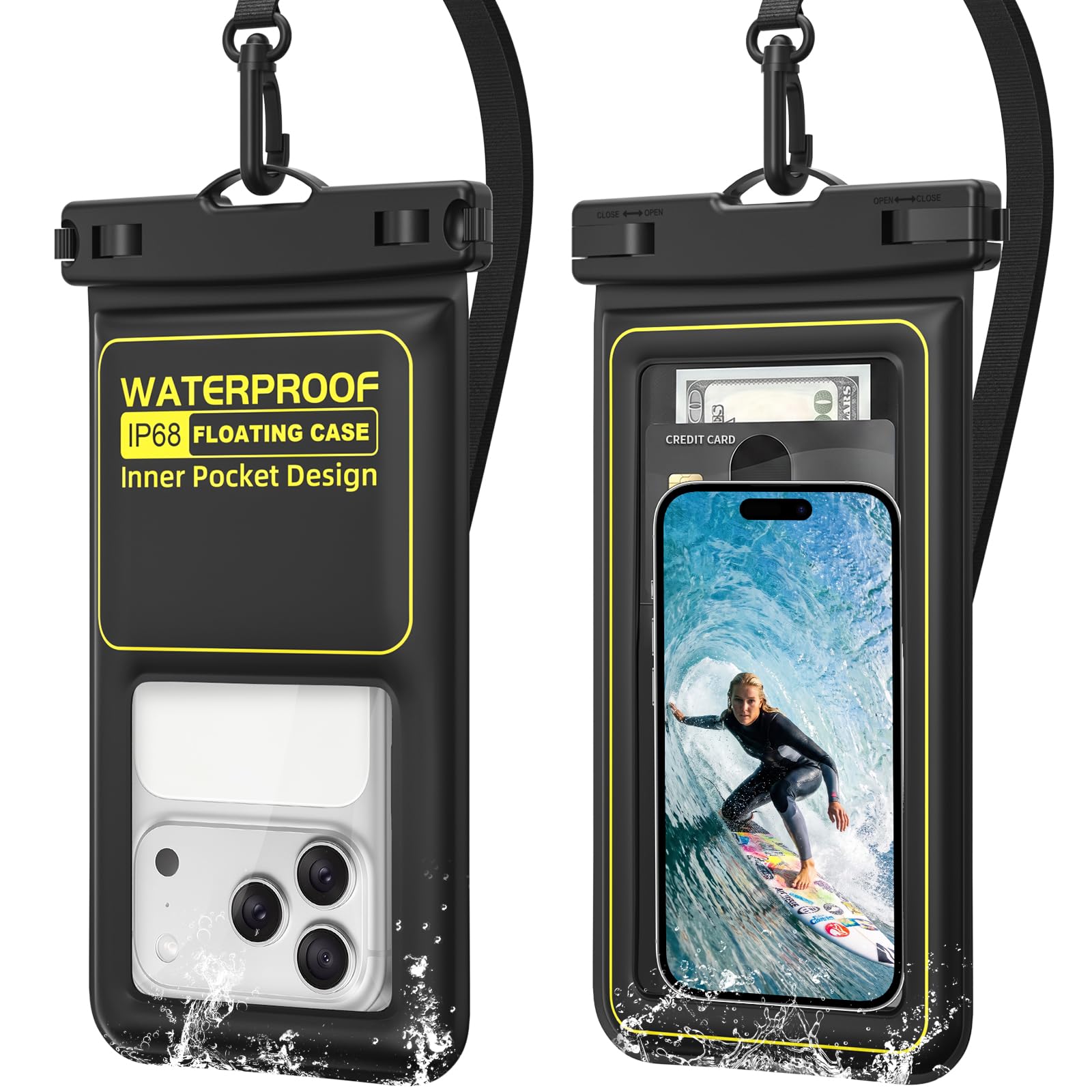 2pack IP68 Waterproof Phone Pouch Floating, Waterproof Phone Case [Black] | [25m