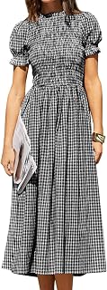 RIHOAS Plaid Gingham Midi Dress Short Sleeve Smocked Dresses for Women