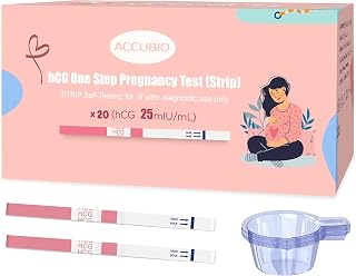 ACCUBIO Pregnancy Test Strips with Urine Cups, hCG Detection Home Pregnancy Tests, Sensitive & Over 99% Accurate, 20 Count Individually Wrapped, Rapid hCG Test Strips, 5mm Wider 25mIU/mL