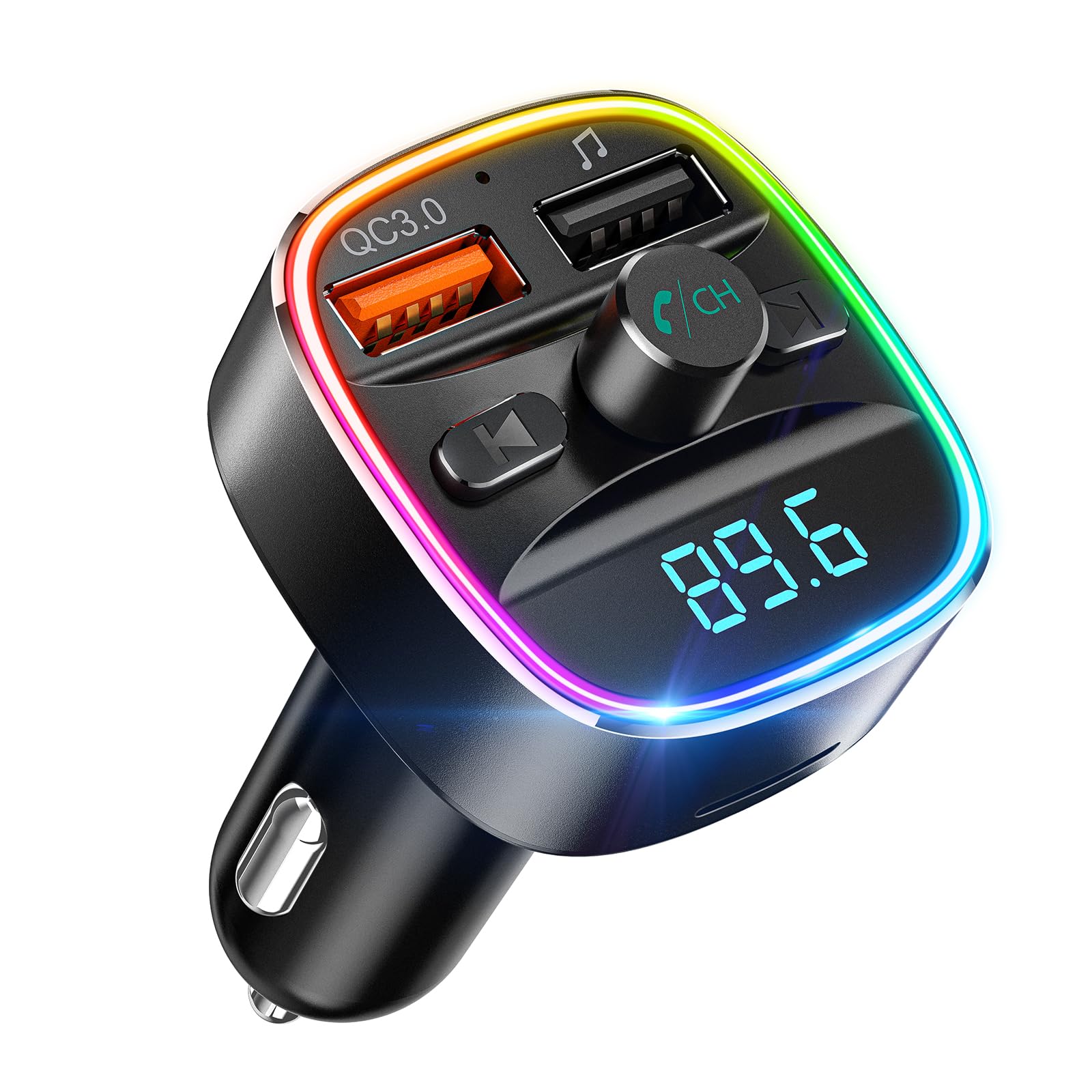 Nulaxy Bluetooth FM Transmitter with QC3.0 Fast Charging, 7-Color LED Light | Du