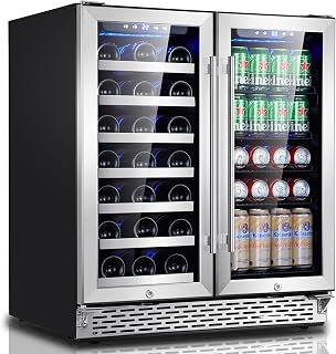 Phiestina Wine and Beverage Refrigerator, 30 inch Dual Zone Wine Fridge with Glass Door 33 Bottles & 100Cans, Built-in or Freestanding Beer Drink Wine Cooler with Blue LED Light