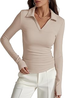 Prettywear Women Long Sleeve Polo Shirt Casual Work Tops V Neck Tops Autumn Clothing 2025