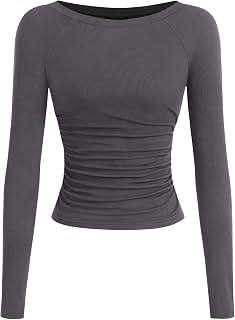 PRETTYGARDEN Camicie a maniche lunghe da donna 2025 autunno increspato lati scollo a barca t-shirt basic casual aderente a costine crop top in maglia