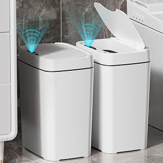 Vanpopubs 2 Pack 2.7 Gal Bathroom Trash Can with Lid, Automatic Trash Can Small Smart Garbage Can Touchless, Slim Motion Sensor Waterproof Plastic Trash Bins for Bedroom Office Kitchen Toilet, White