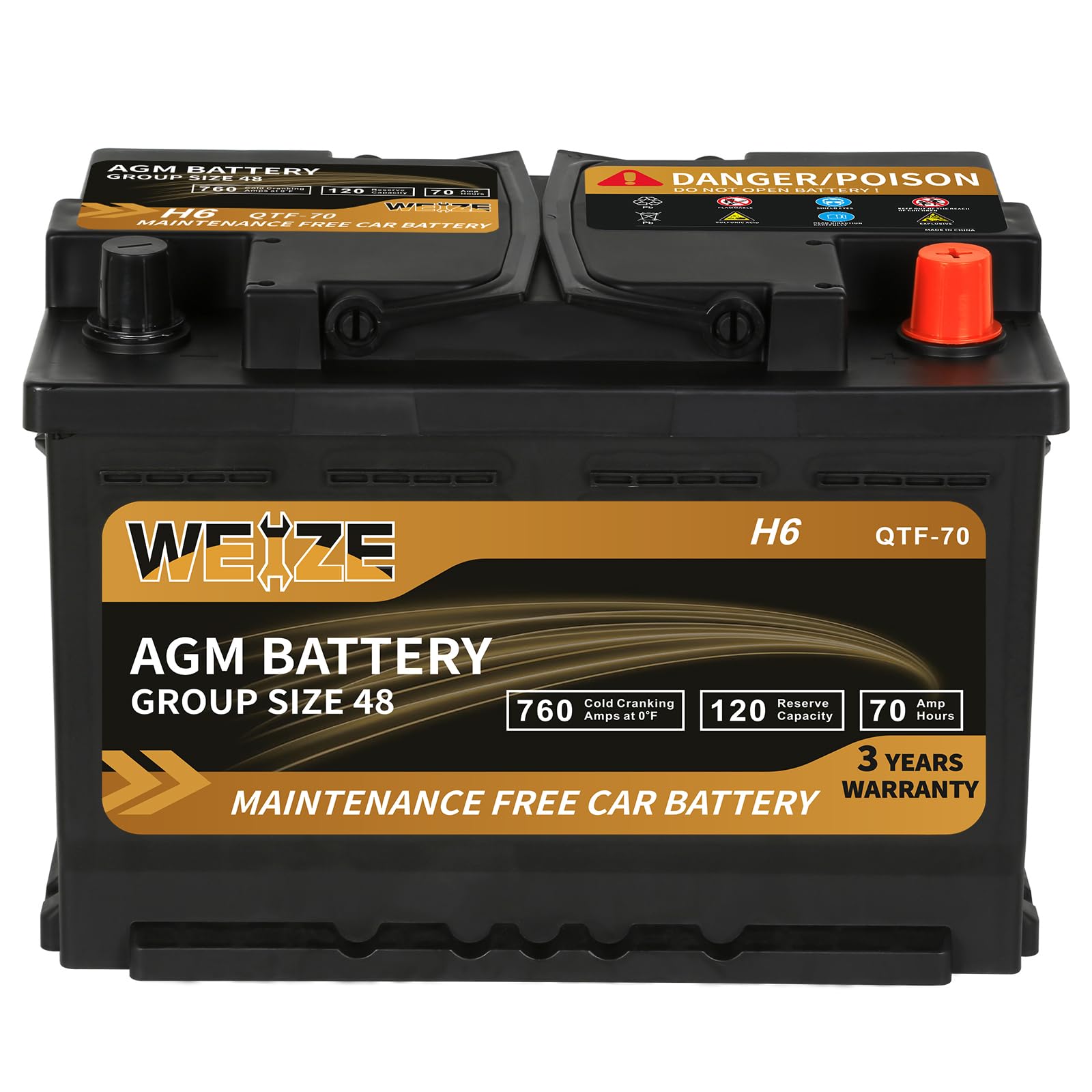 Weize Platinum AGM Battery BCI Group 48-12v 70ah H6 Size 48 Automotive Battery, 